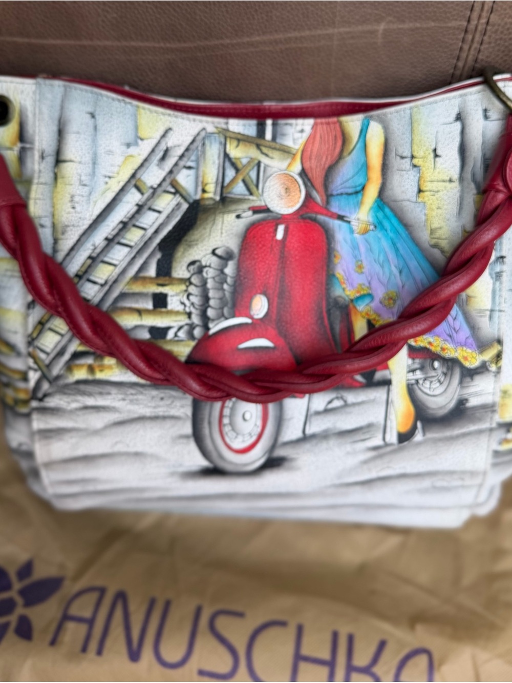 Anuschka Hand-Painted Red Scooter Shoulder Bag with Blue Dress Accent